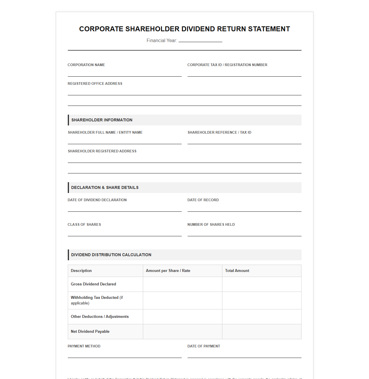 Corporate Shareholder Dividend Return Statement