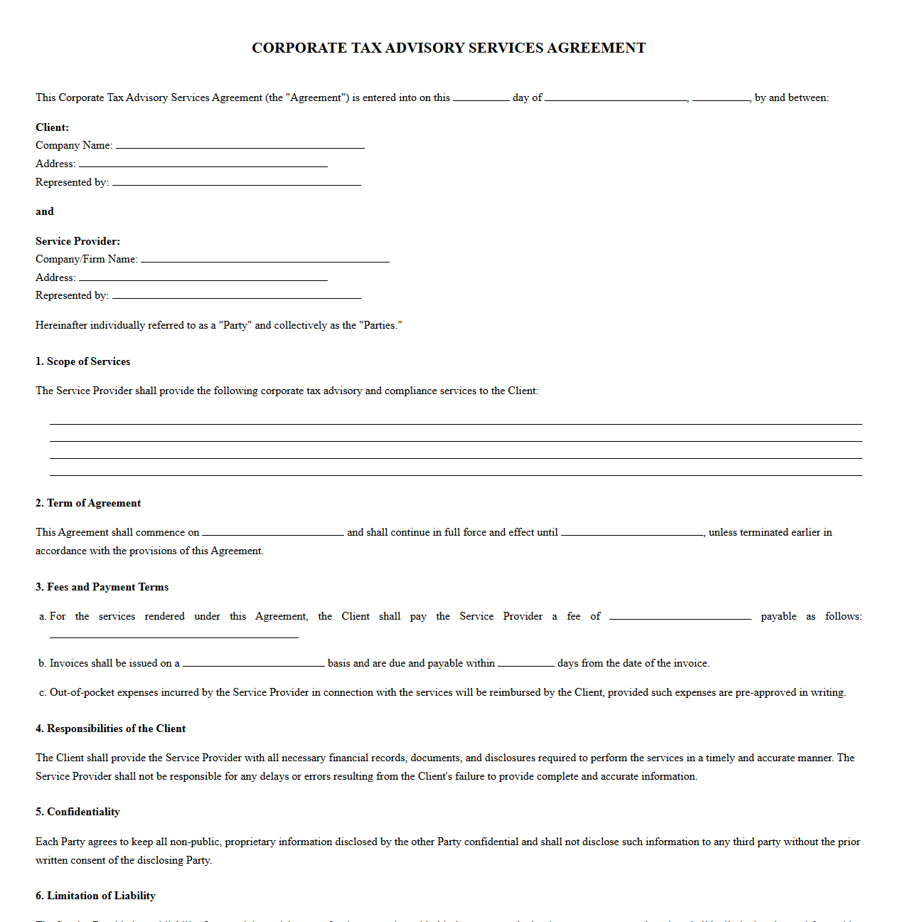 Corporate Tax Advisory Services Agreement