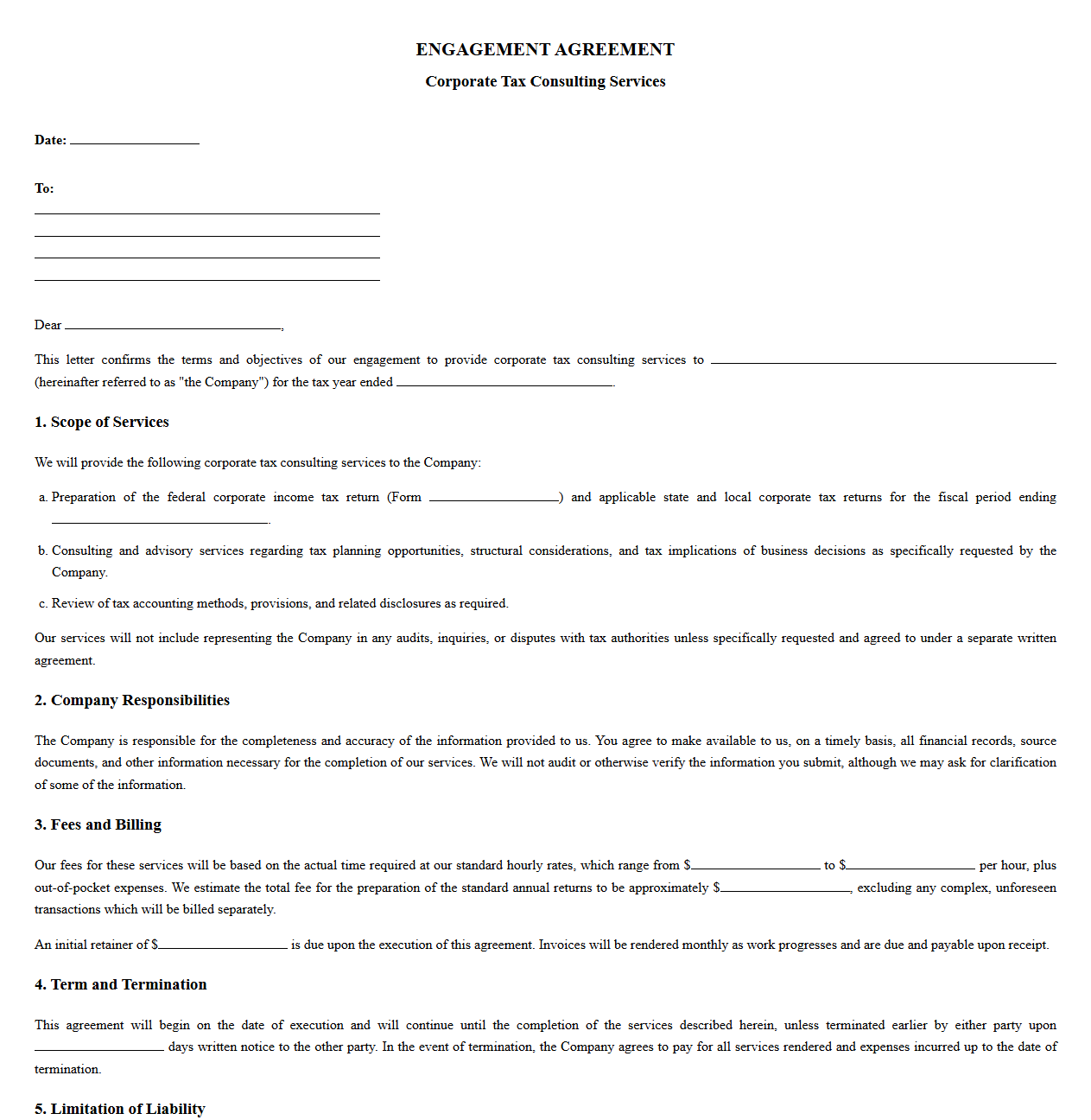 Corporate Tax Consulting Engagement Letter Template