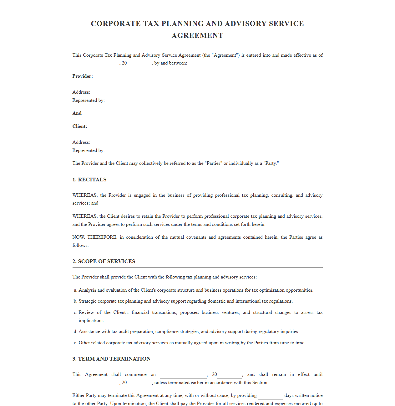 Corporate Tax Planning and Advisory Service Agreement
