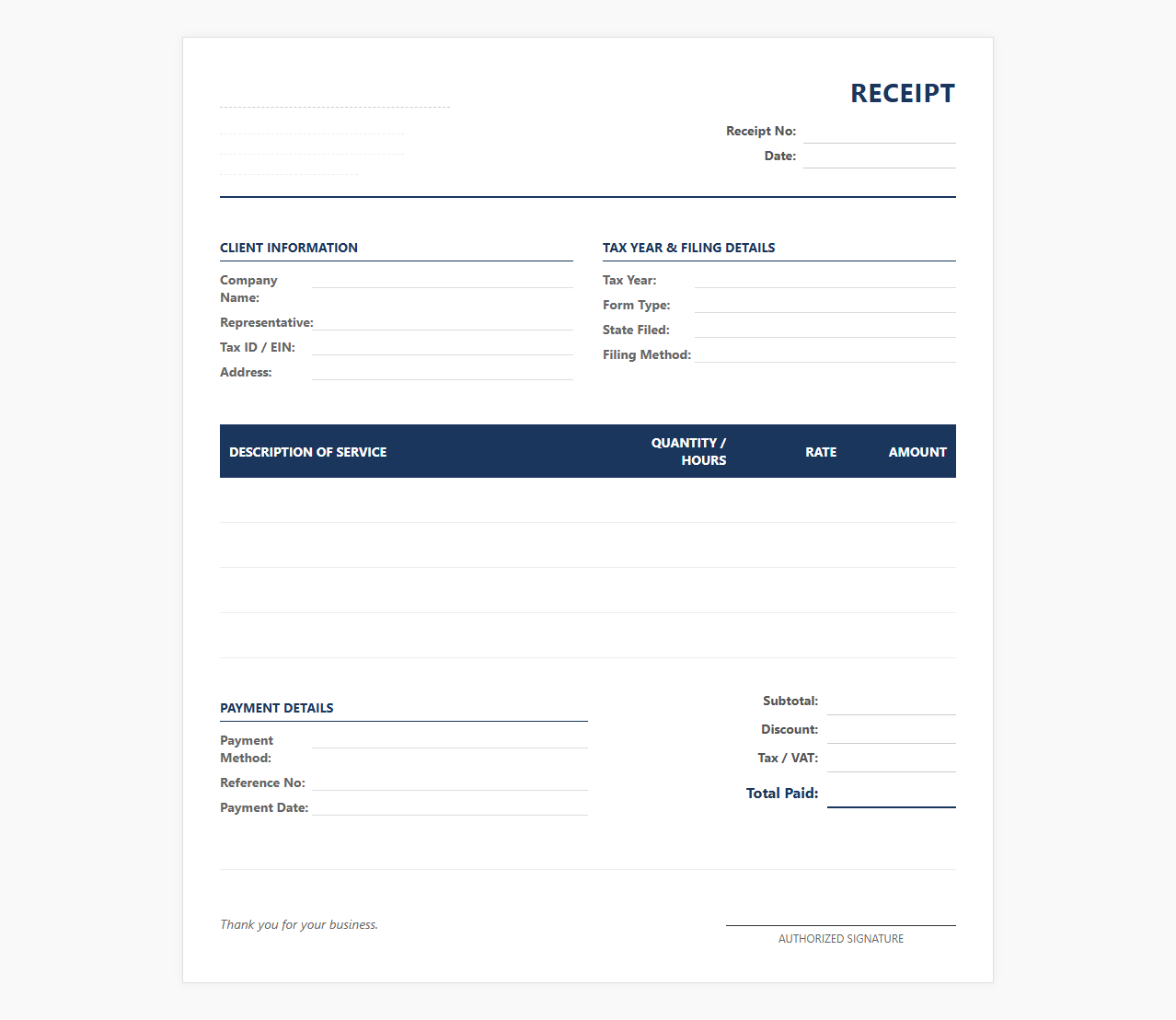 Corporate Tax Preparation Service Receipt Template