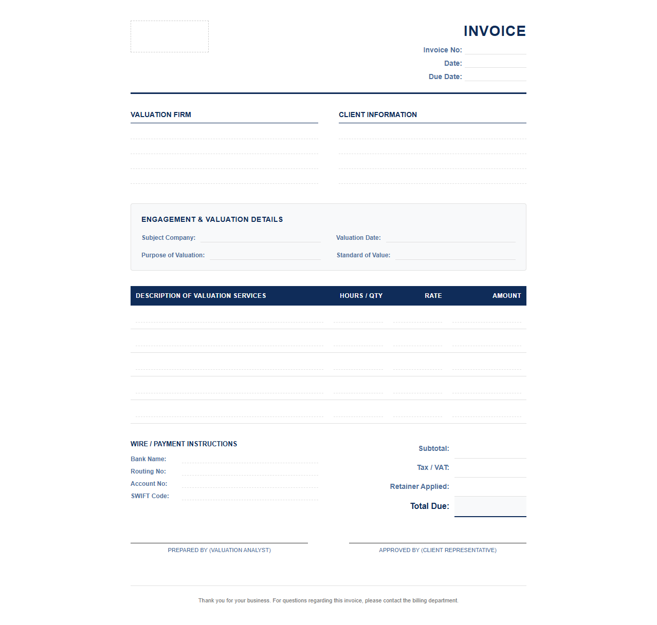 Corporate Valuation Service Invoice Template