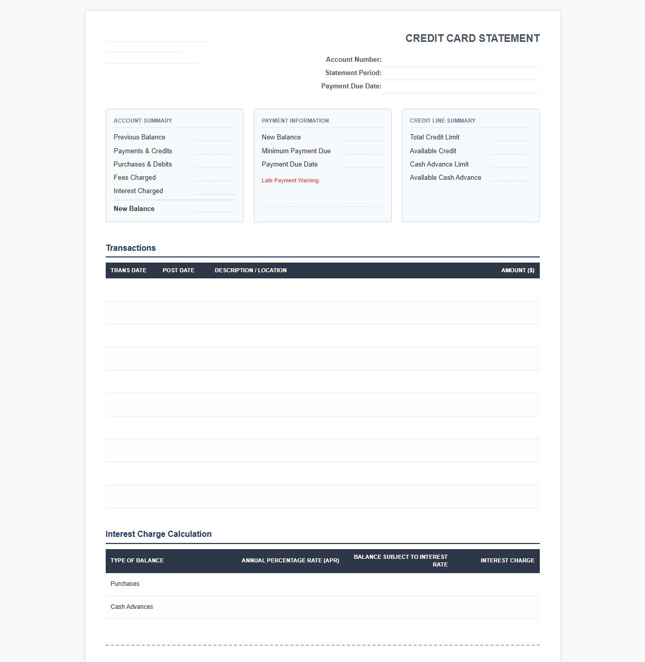 Credit Card Activity and Balance Statement