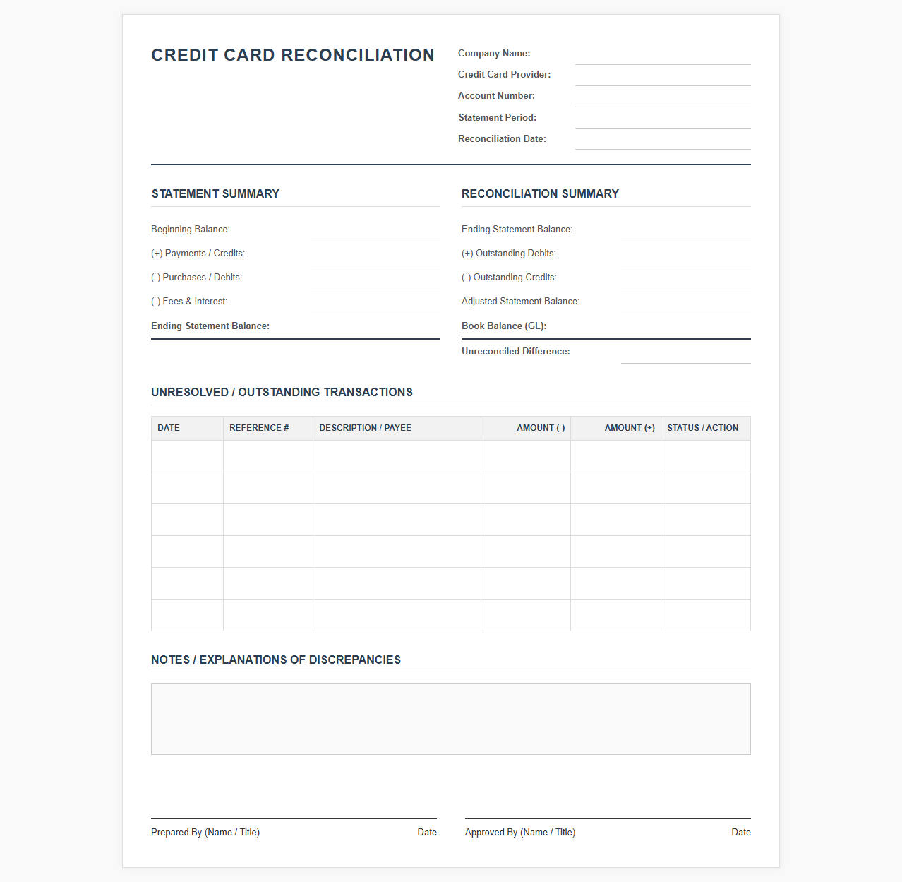 Credit Card Reconciliation Statement Template