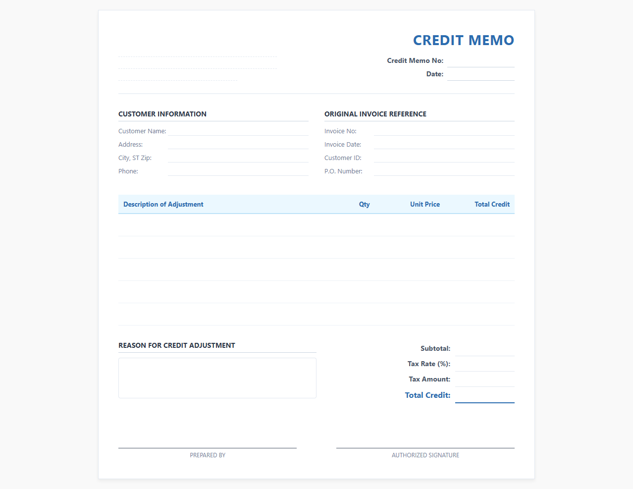 Credit Memo Adjustment Template