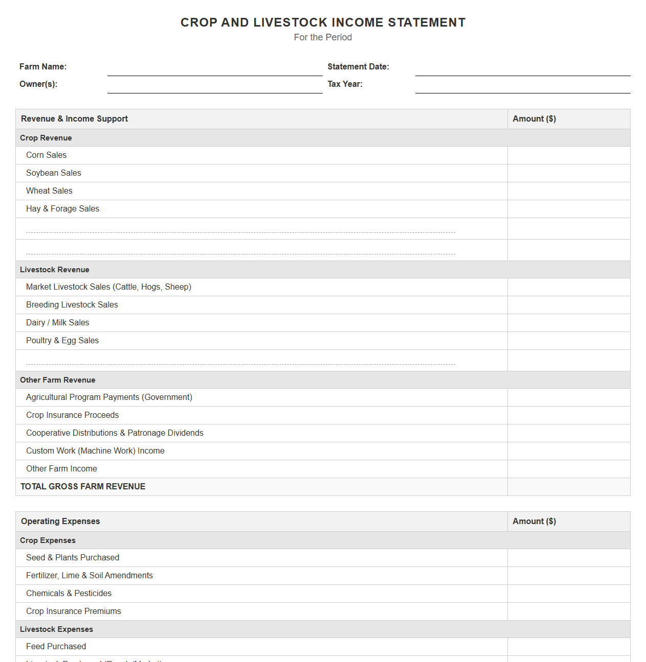 Crop and Livestock Income Statement Template