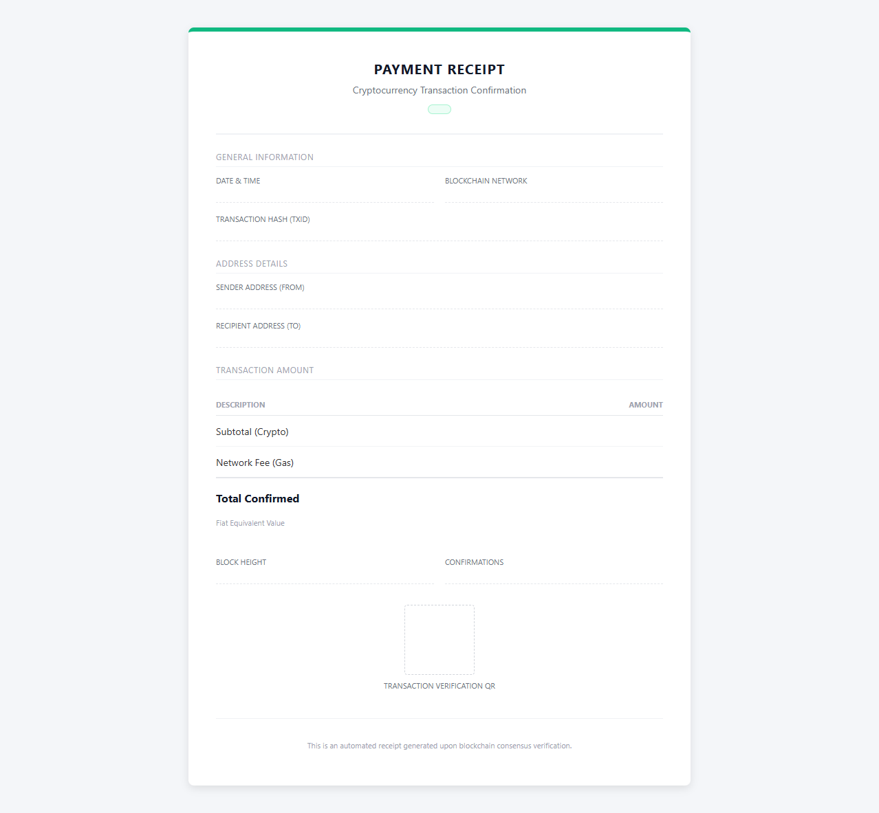 Crypto Wallet Payment Confirmation Receipt
