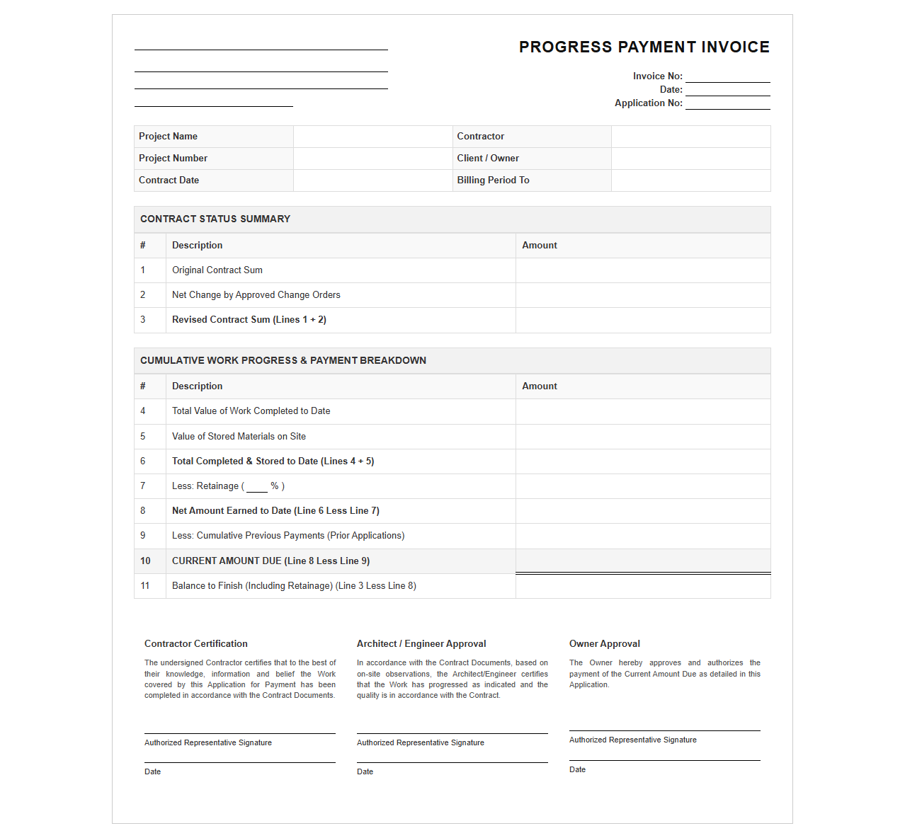 Cumulative Progress Payment Invoice Sheet