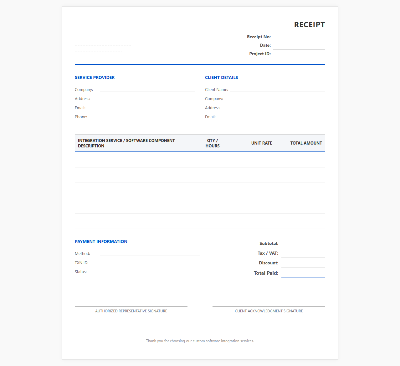 Custom Software Integration Service Receipt