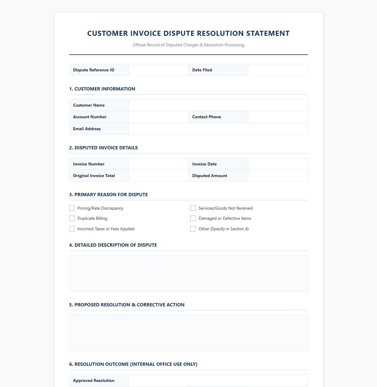 Customer Invoice Dispute Resolution Statement