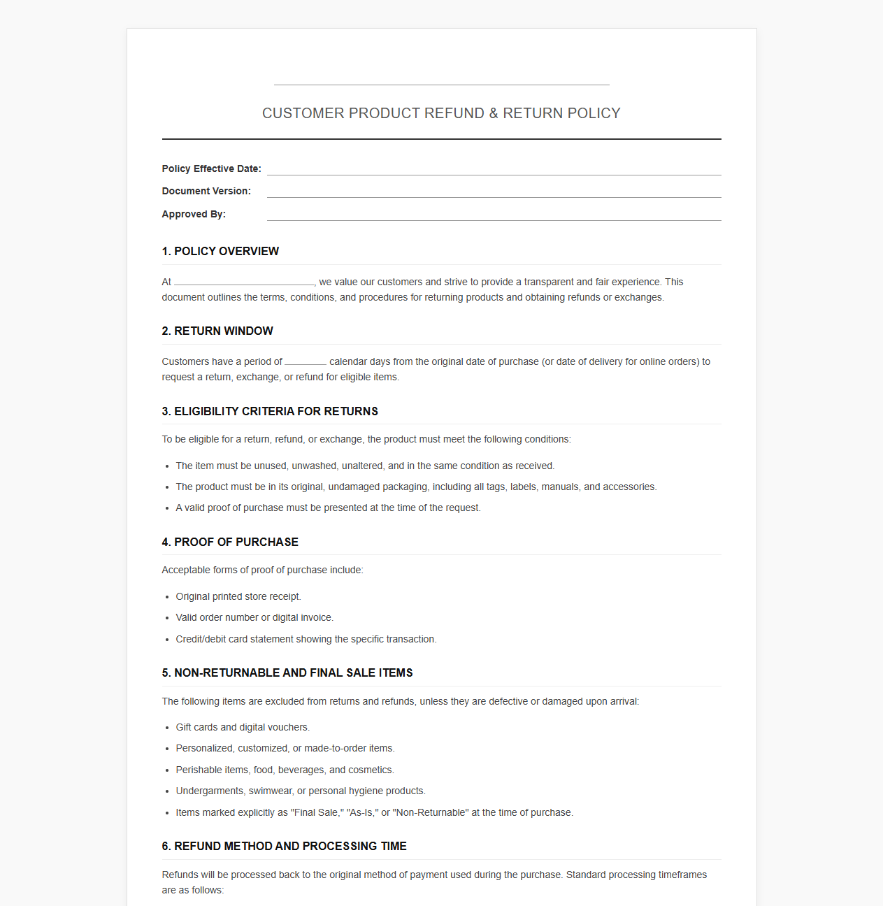 Customer Product Refund and Return Policy Document