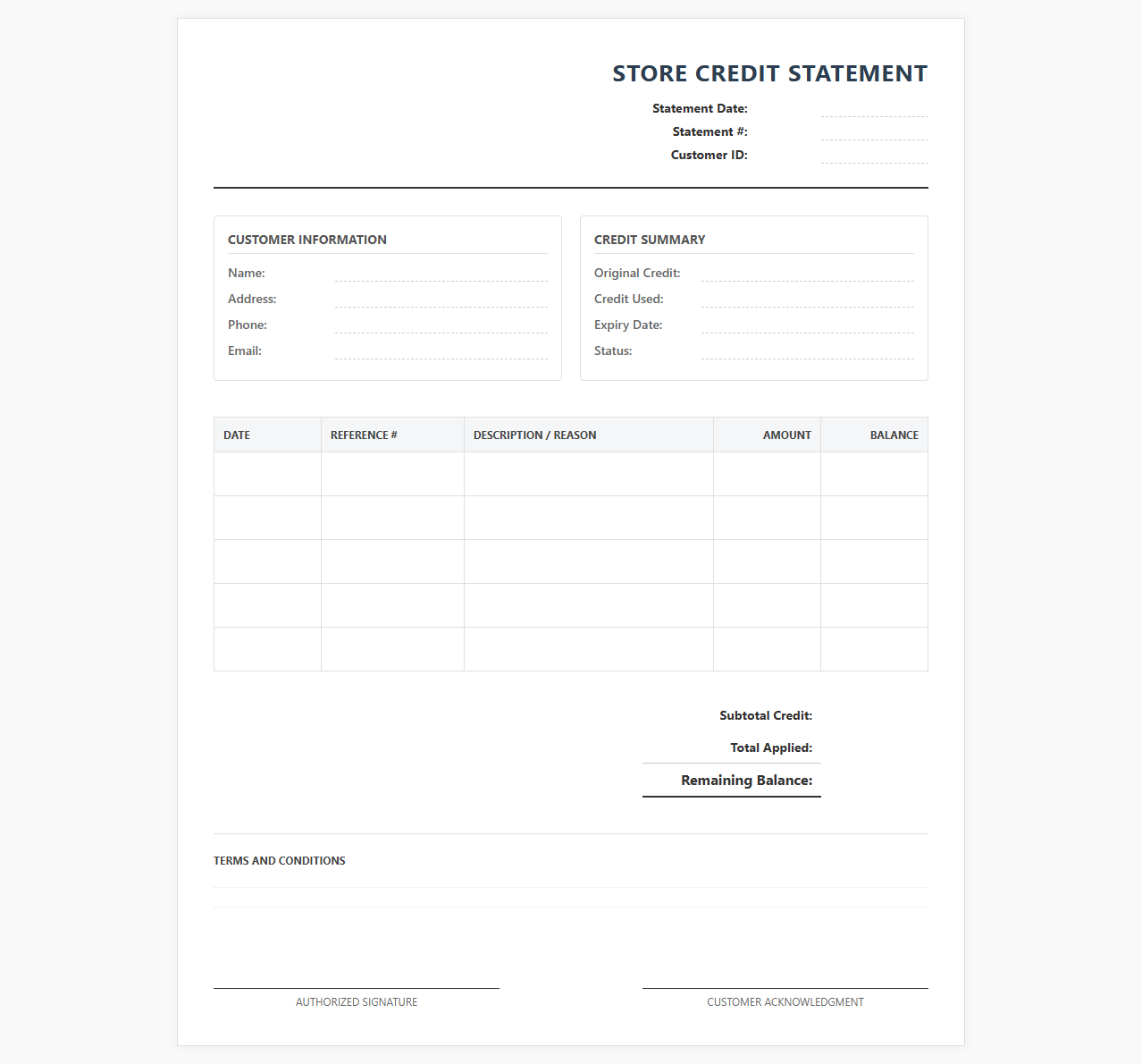 Customer Store Credit Invoice Statement