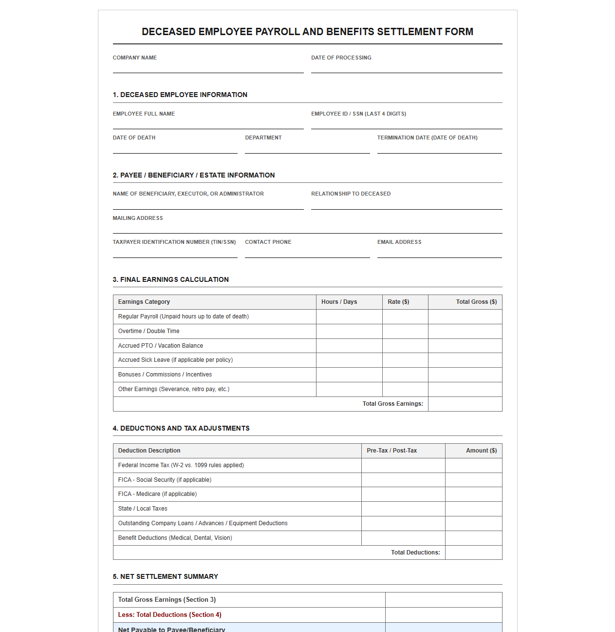 Deceased Employee Payroll and Benefits Settlement Form