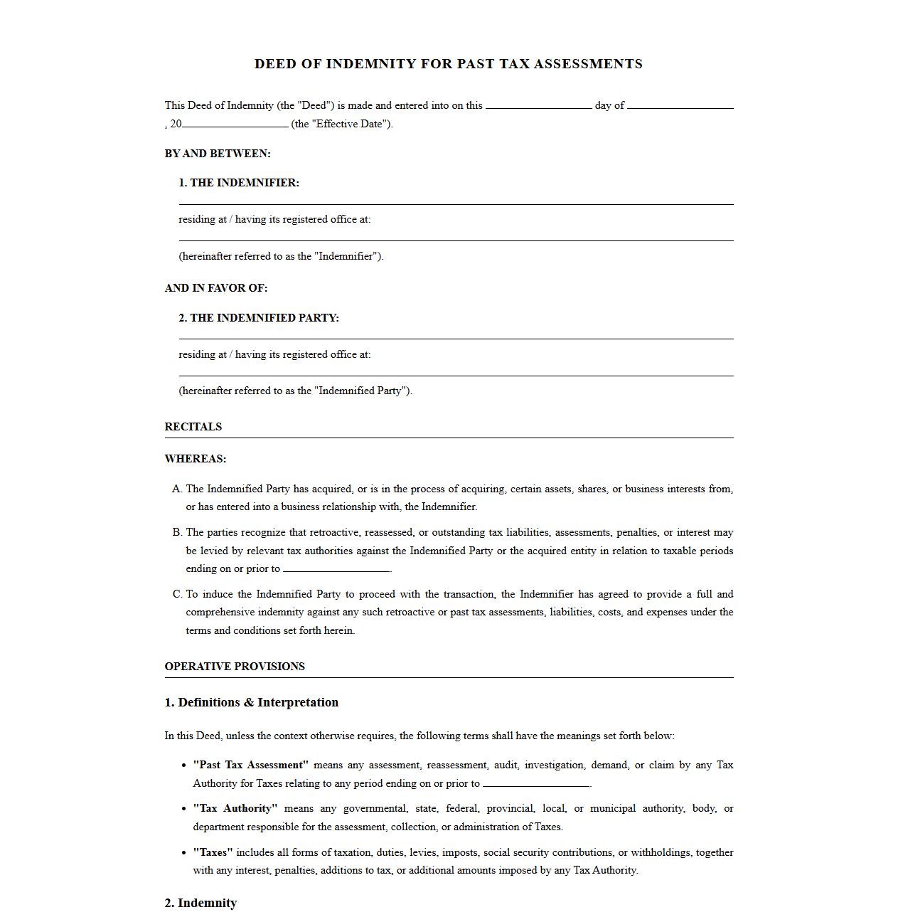 Deed of Indemnity for Past Tax Assessments