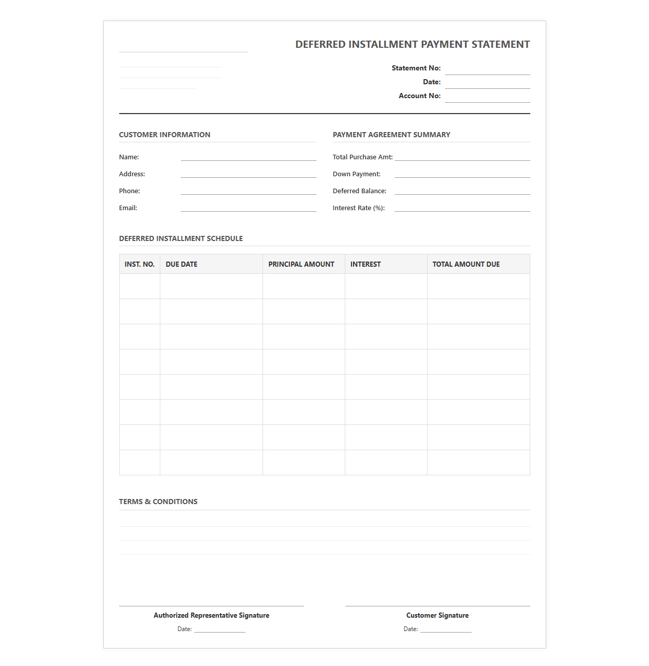 Deferred Installment Payment Statement Template