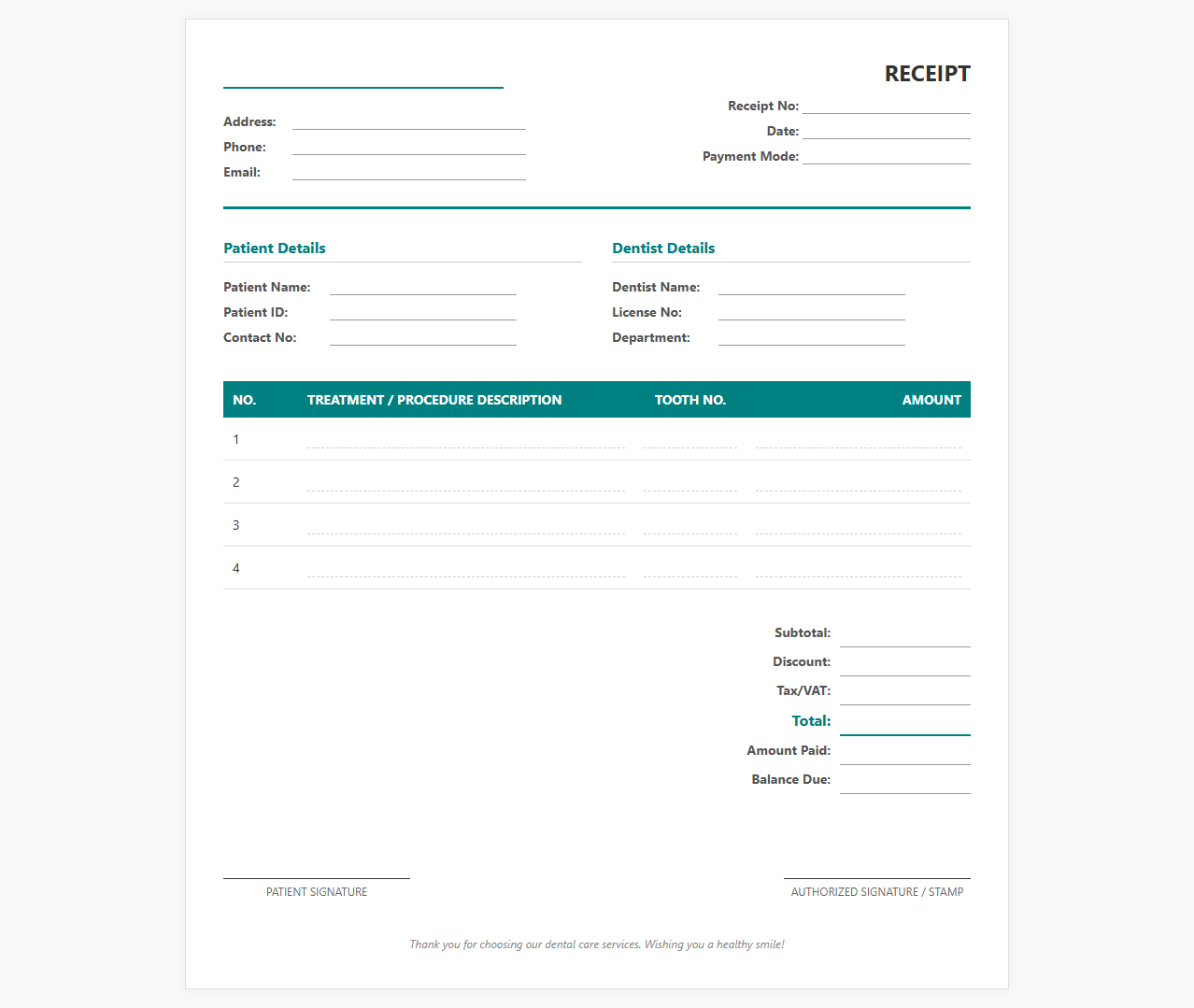 Dental Care Treatment Payment Receipt