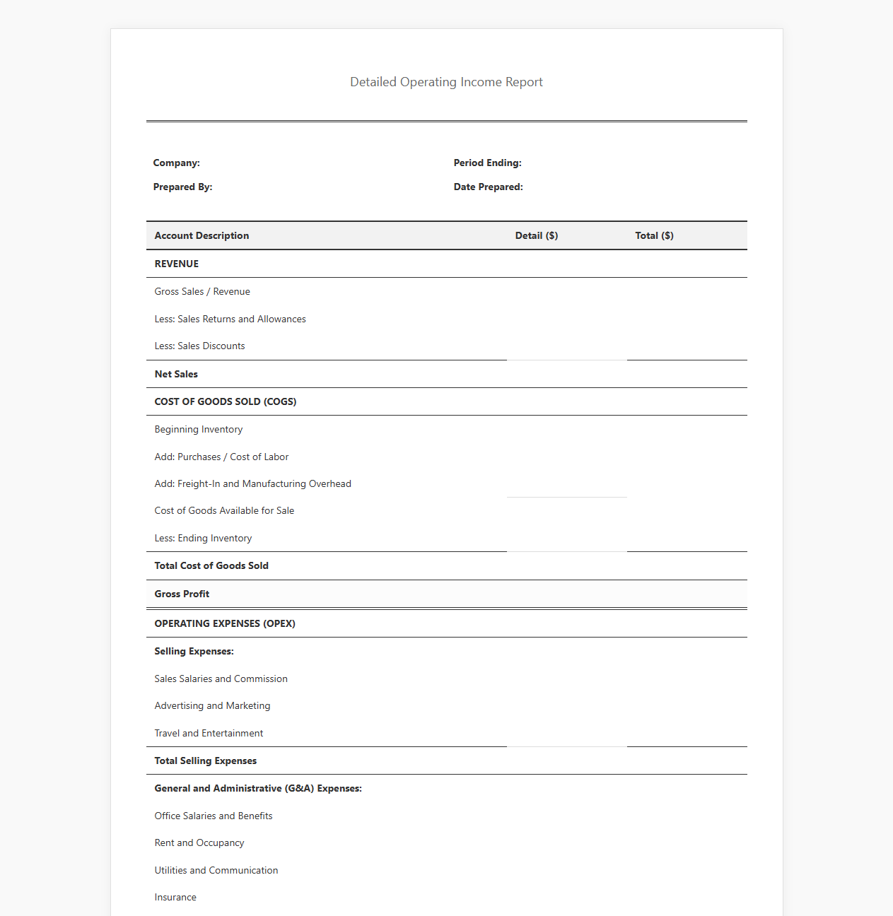Detailed Operating Income Report Template