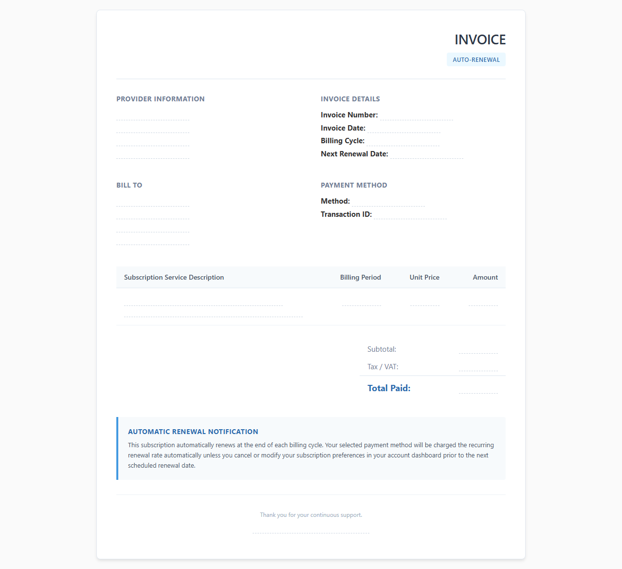 Digital Services Auto Renewing Subscription Invoice