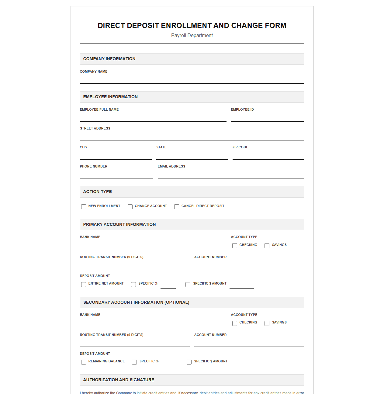 Direct Deposit Enrollment and Change Form