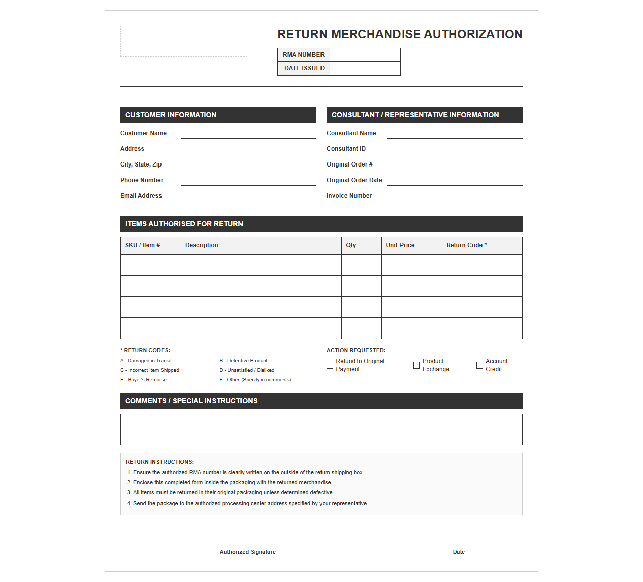 Direct Sales Merchandise Return Authorization Form