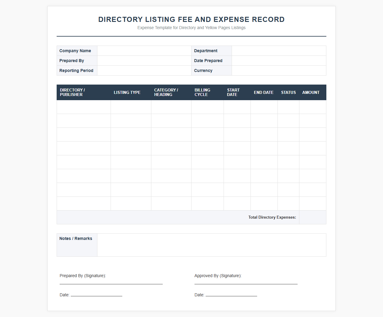 Directory Listing Fee and Expense Record