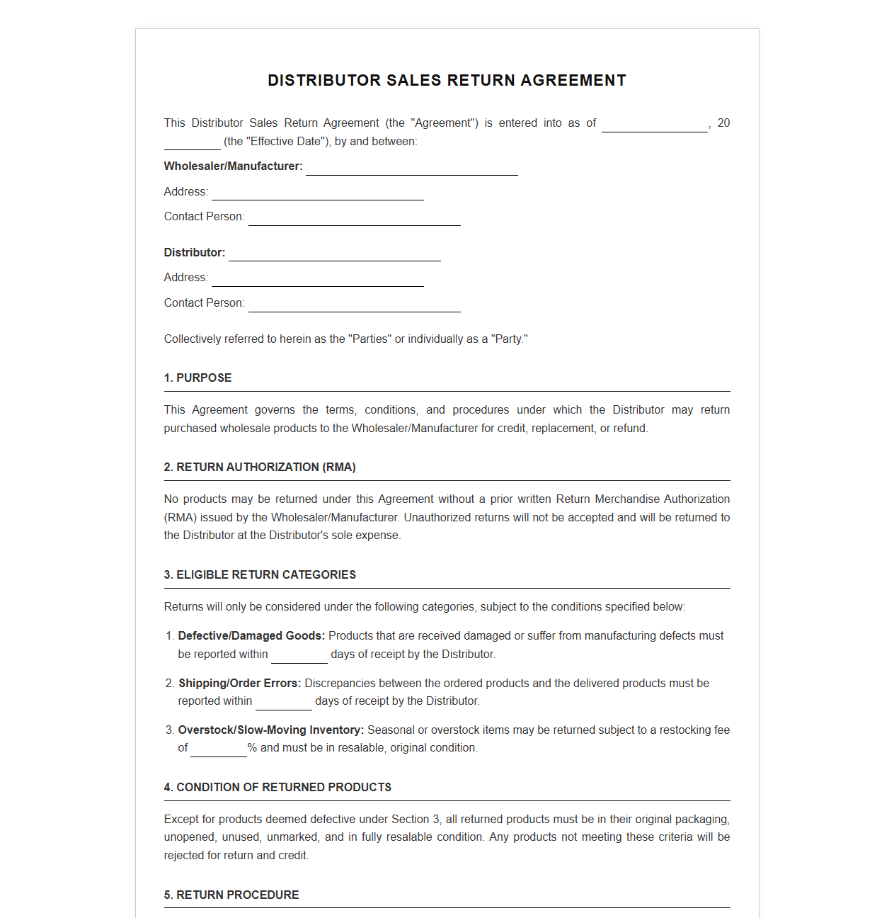 Distributor Sales Return Agreement Template