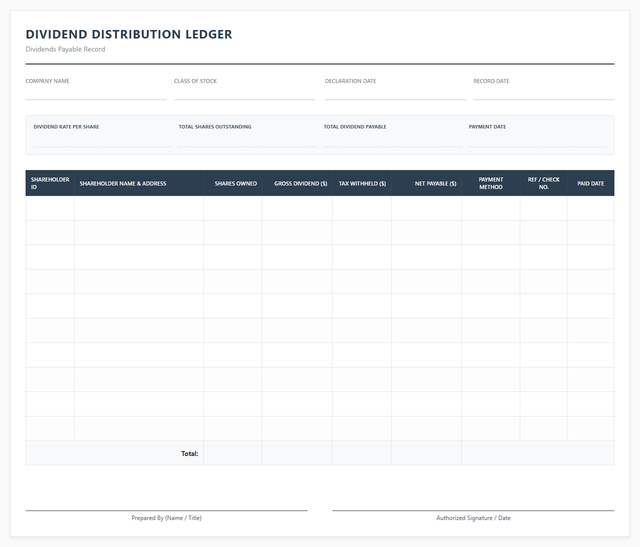 Dividend Distribution Ledger Template