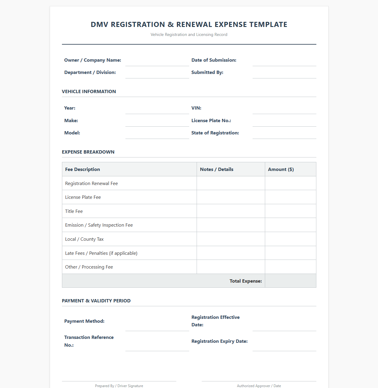DMV Registration and Renewal Expense Template