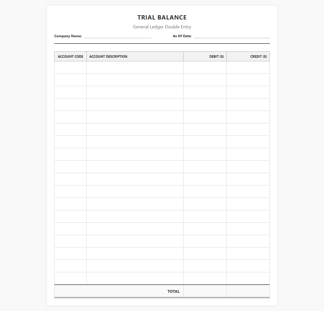 Double Entry General Ledger Trial Balance Sheet