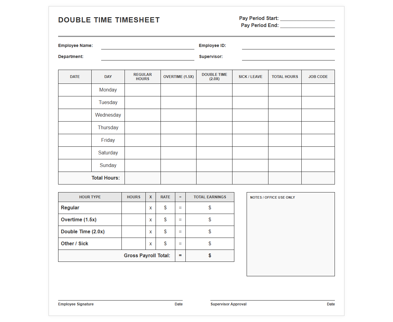 Double Time Employee Timesheet Template