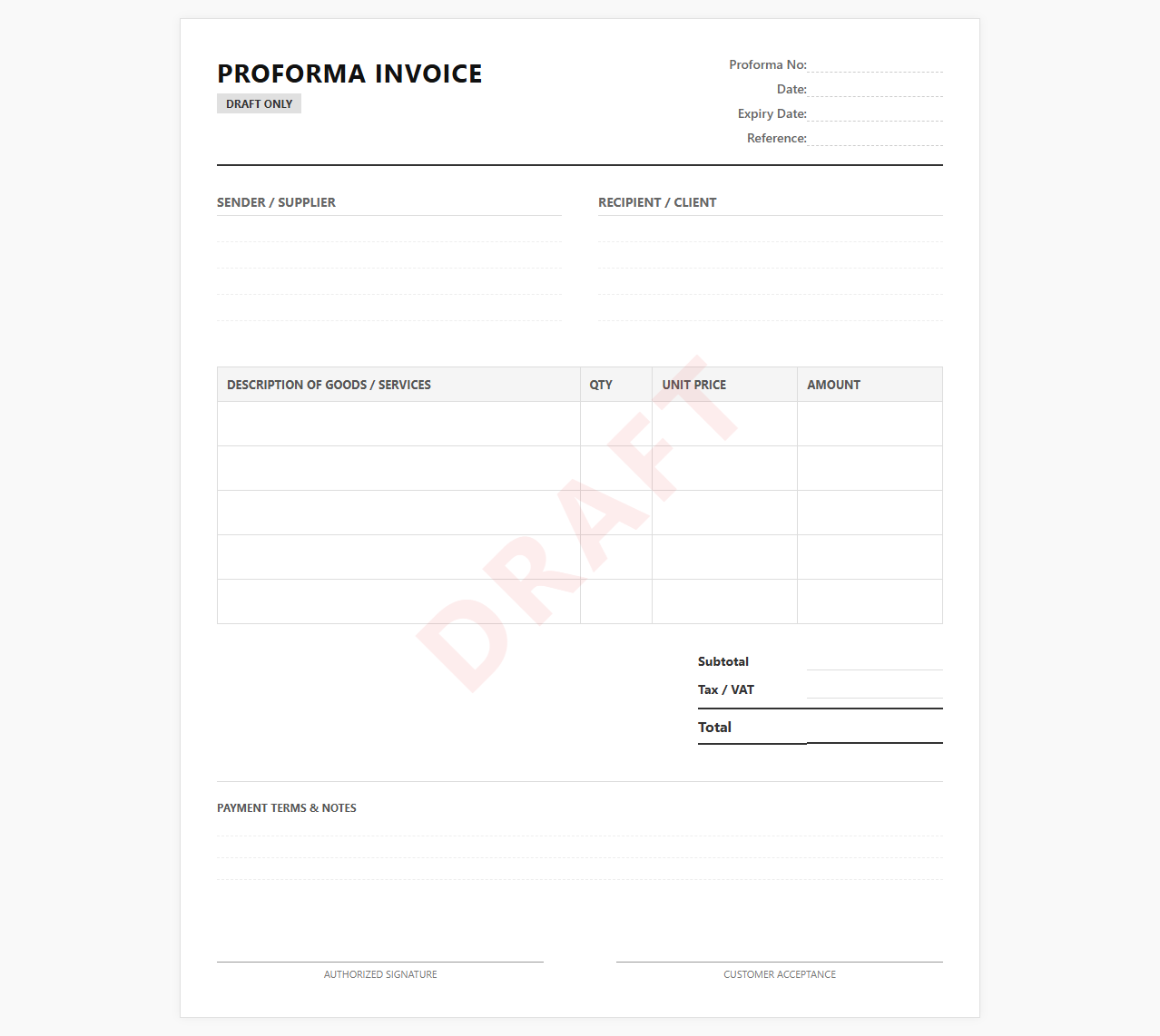 Draft Proforma Invoice Template