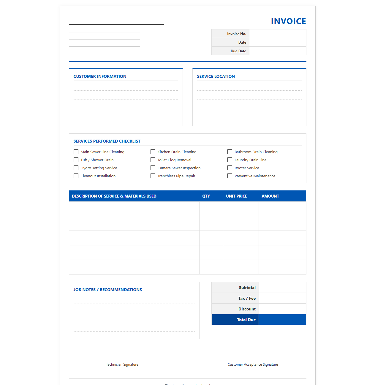 Drain and Sewer Cleaning Invoice Template