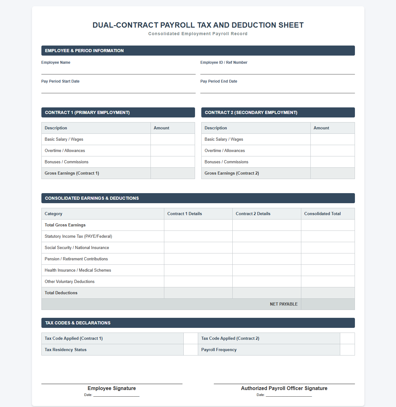 Dual-Contract Payroll Tax and Deduction Sheet