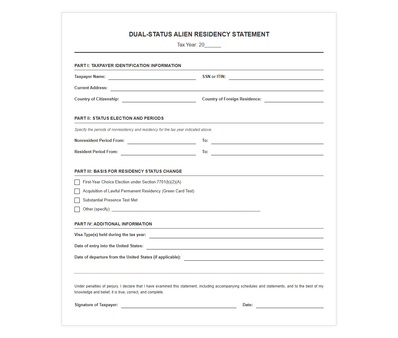 Dual-Status Alien Residency Statement Template