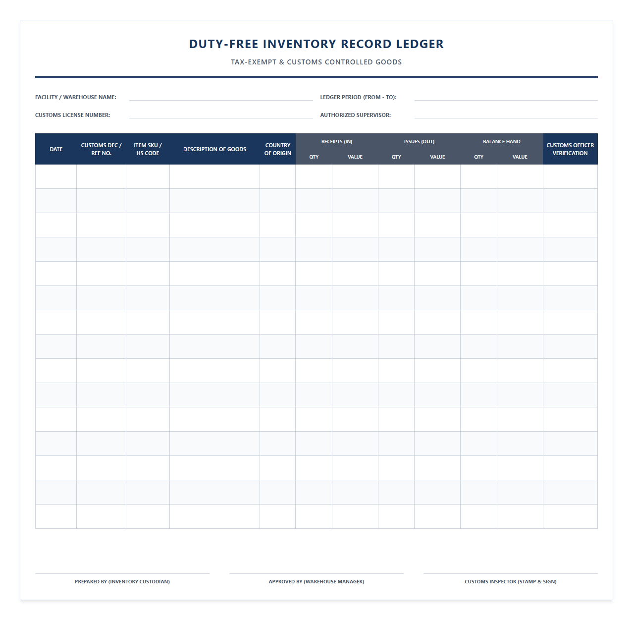 Duty-Free Inventory Record Ledger