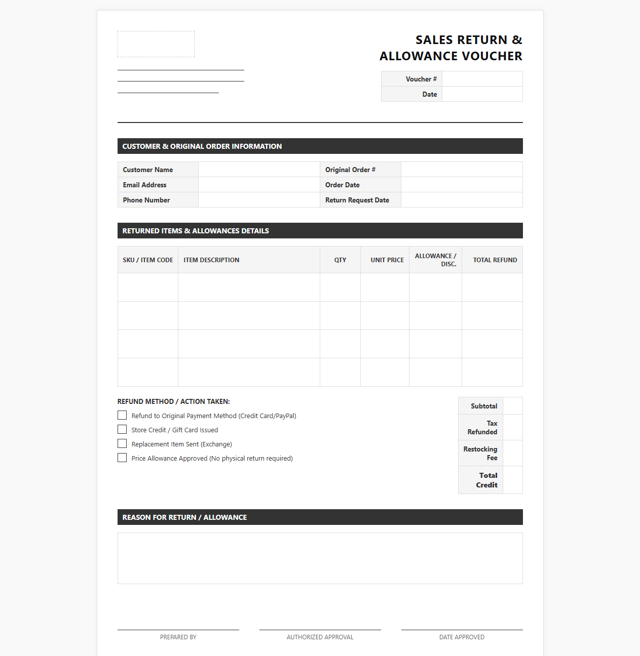 E-commerce Sales Returns and Allowances Voucher