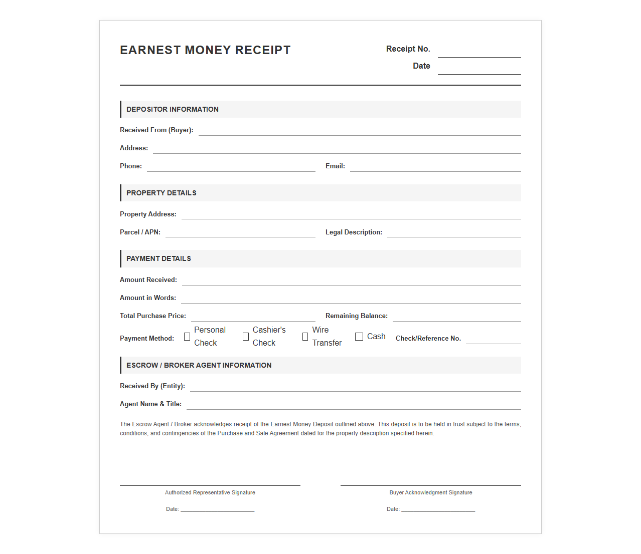 Earnest Money Deposit Receipt