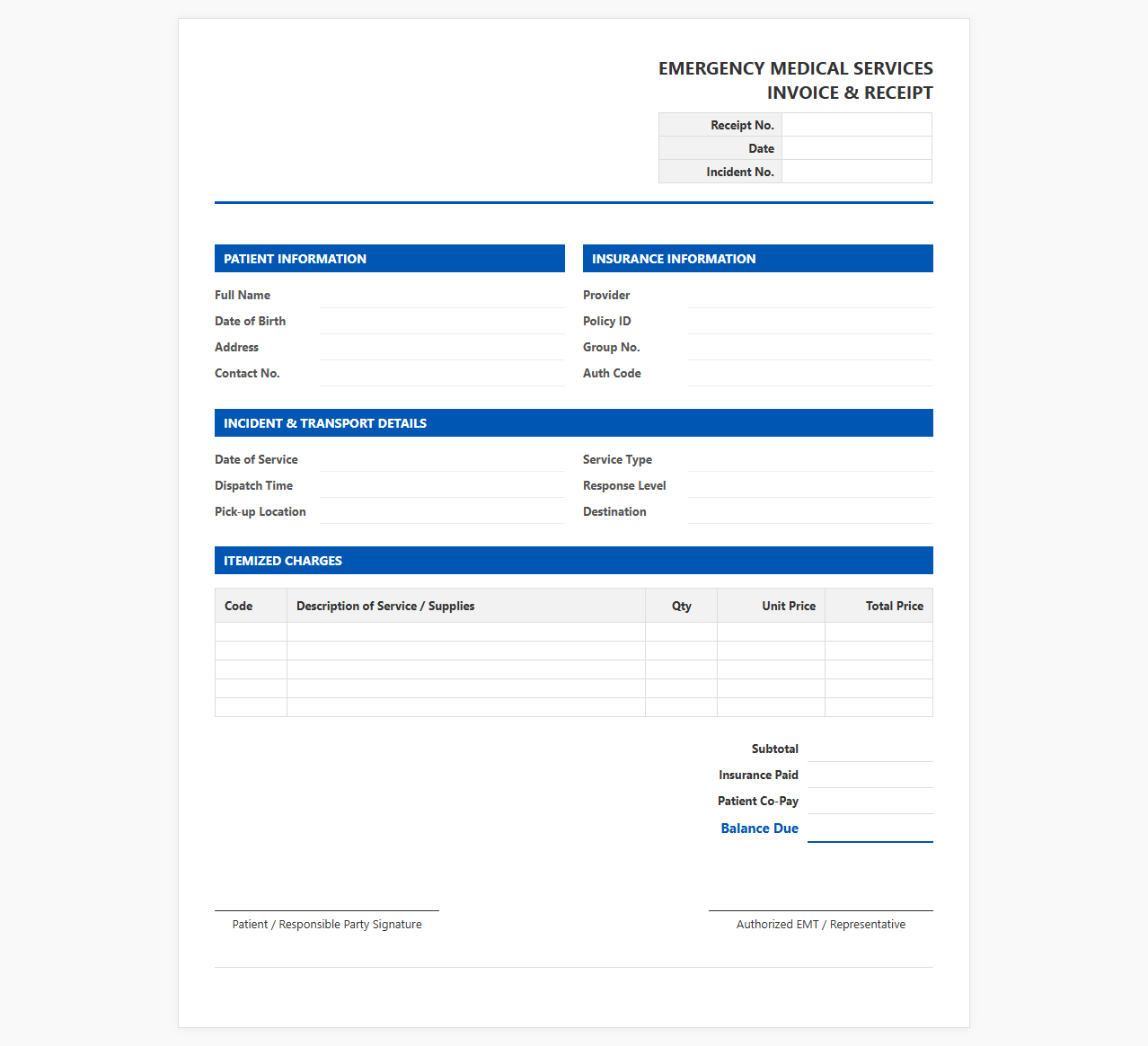 Emergency Medical Services Invoice Receipt