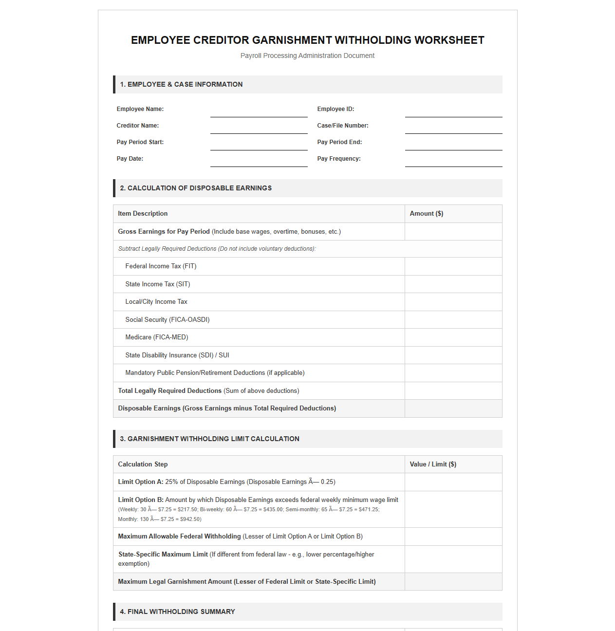 Employee Creditor Garnishment Withholding Worksheet