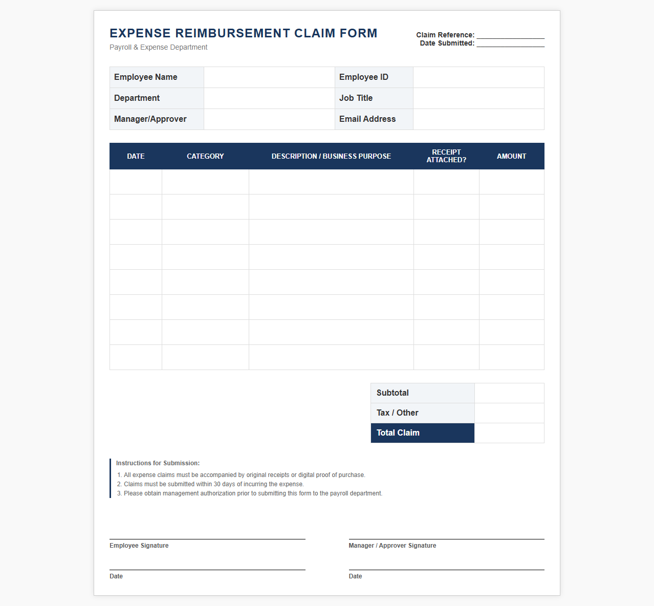 Employee Expense Reimbursement Claim Form