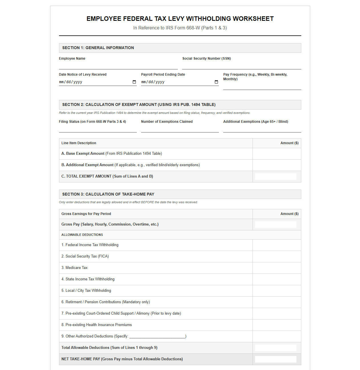 Employee Federal Tax Levy Withholding Worksheet