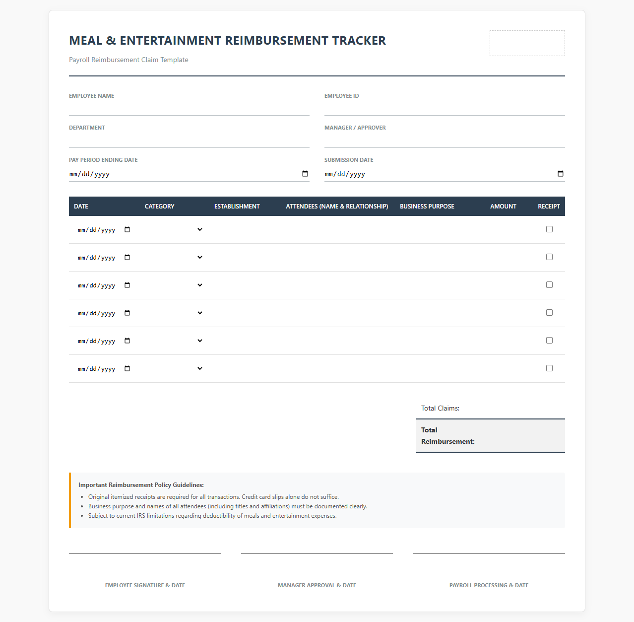 Employee Meal and Entertainment Reimbursement Tracker