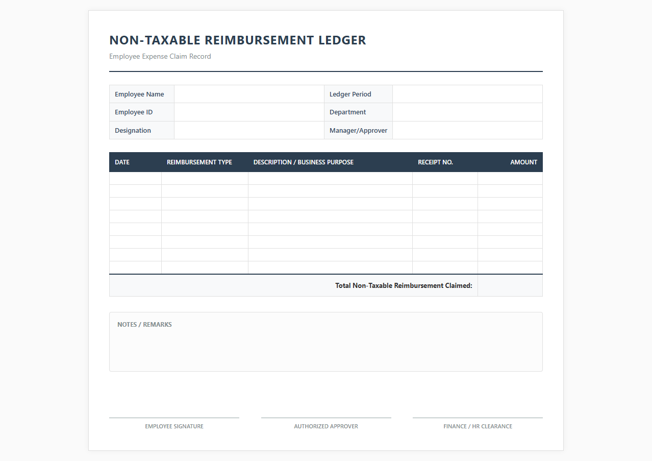 Employee Non-Taxable Reimbursement Ledger Document