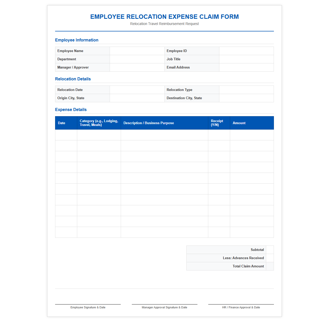 Employee Relocation Expense Claim Form
