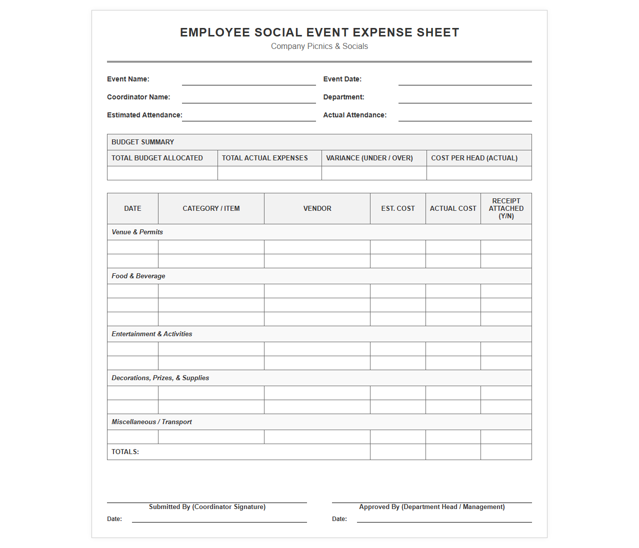 Employee Social Event Expense Sheet