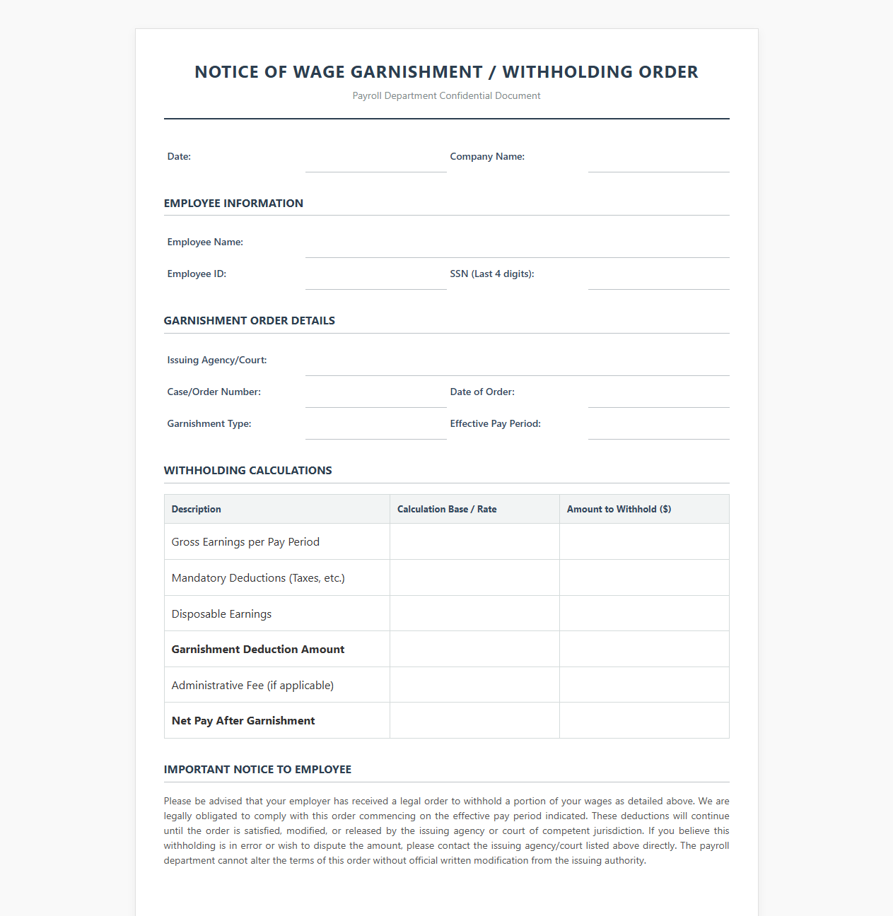 Employee Wage Garnishment Payroll Notice Template
