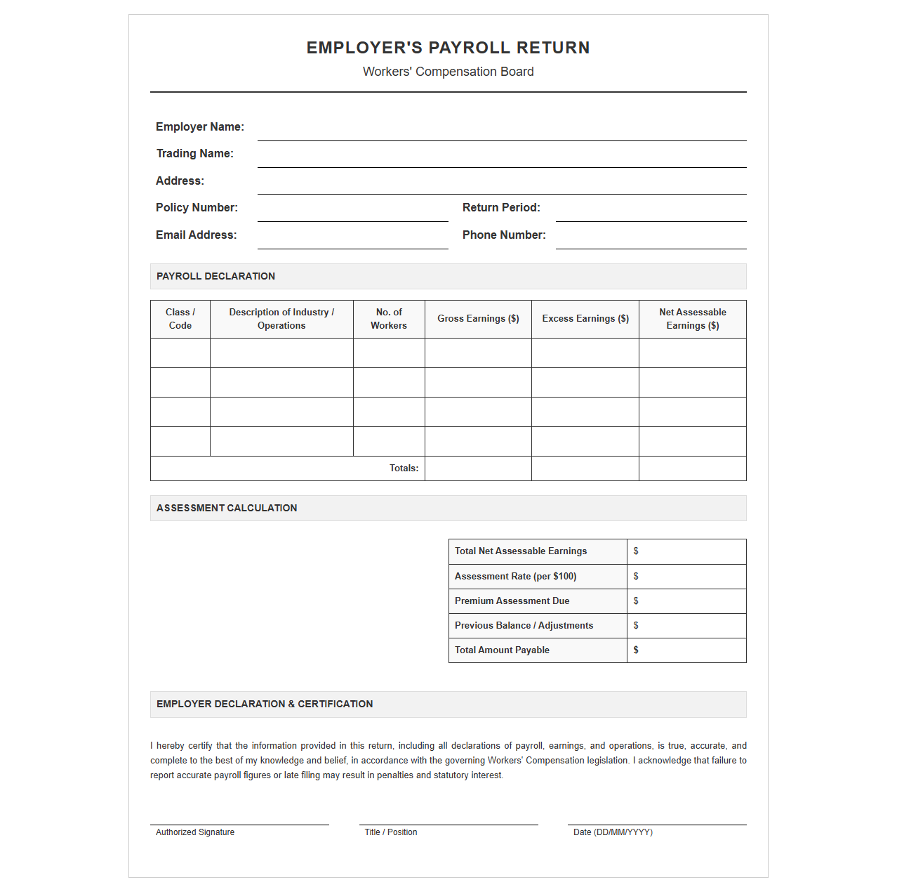 Employer Compensation Payroll Return Template