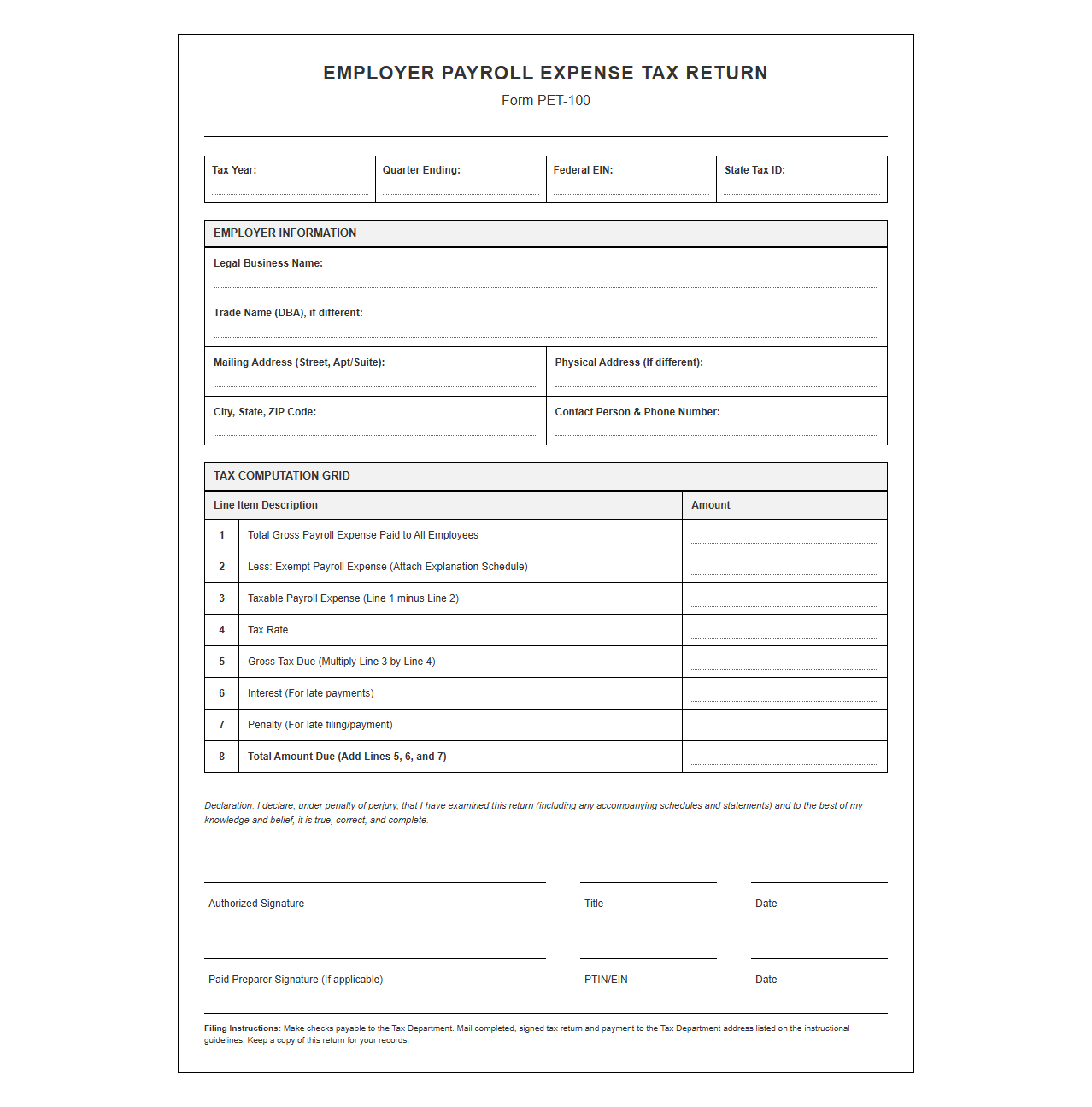 Employer Payroll Expense Tax Return Template