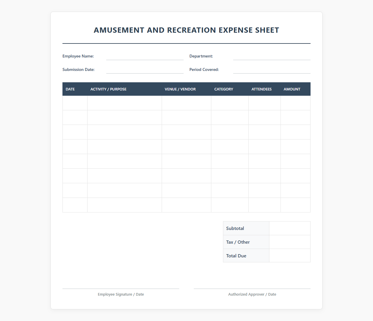 Entertainment and Recreation Expense Sheet