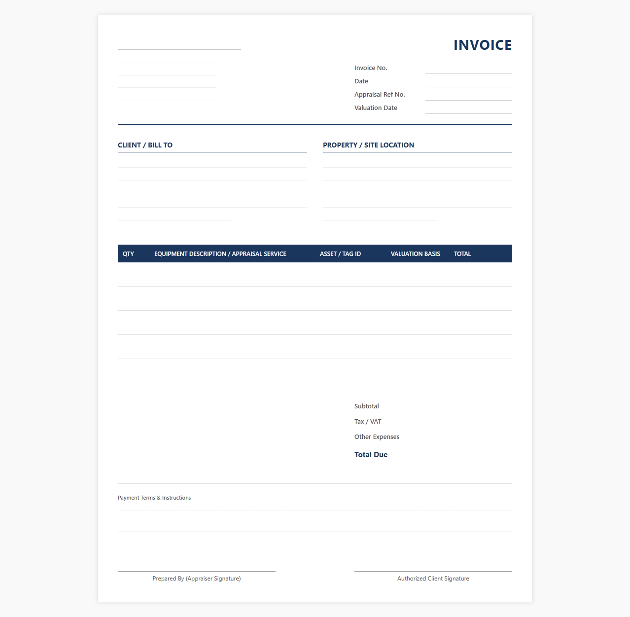 Equipment Appraisal Service Billing Template